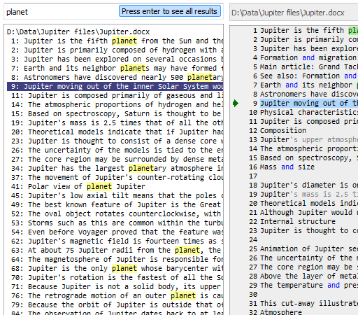 Screenshot of searching Docx documents