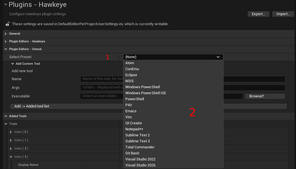Screenshot of external editors functionality