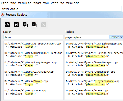 Screenshot of focused replace functionality