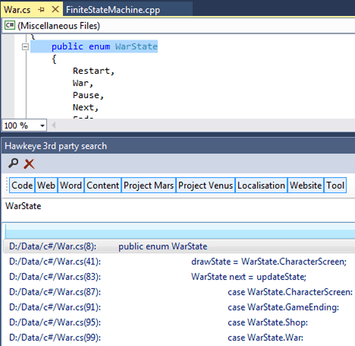 Screenshot of the Hawkeye interface through visual studio addin