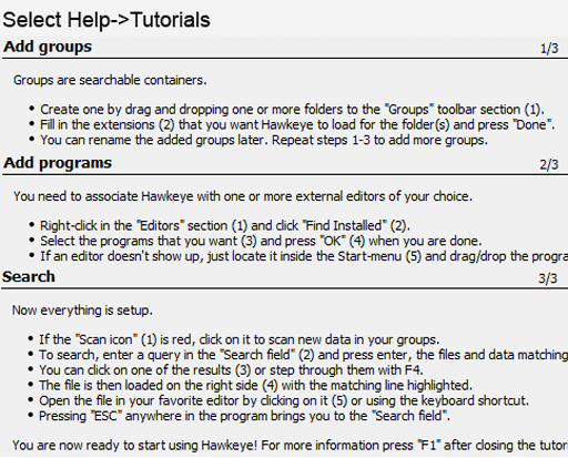 Screenshot of tutorials inside Hawkeye