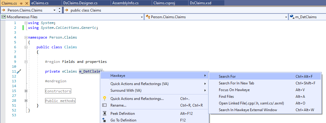 Screenshot of Visual Studio Hawkeye addin commands
