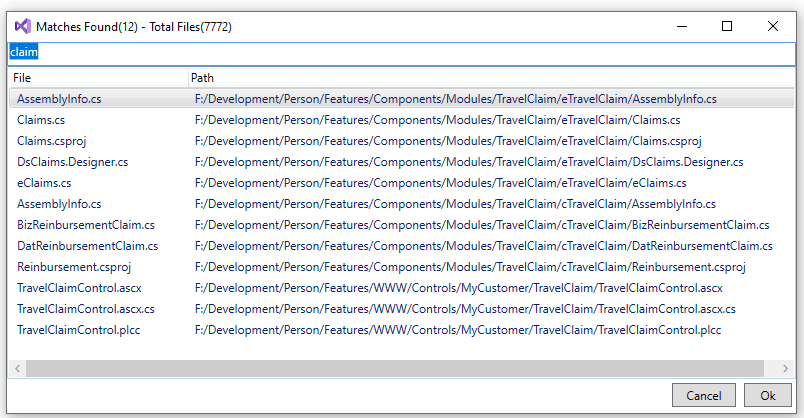 Screenshot of Visual Studio addin for finding files