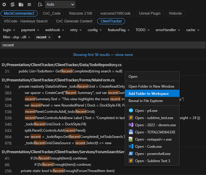 Screenshot of external tool commands in Hawkeye Search for VS Code